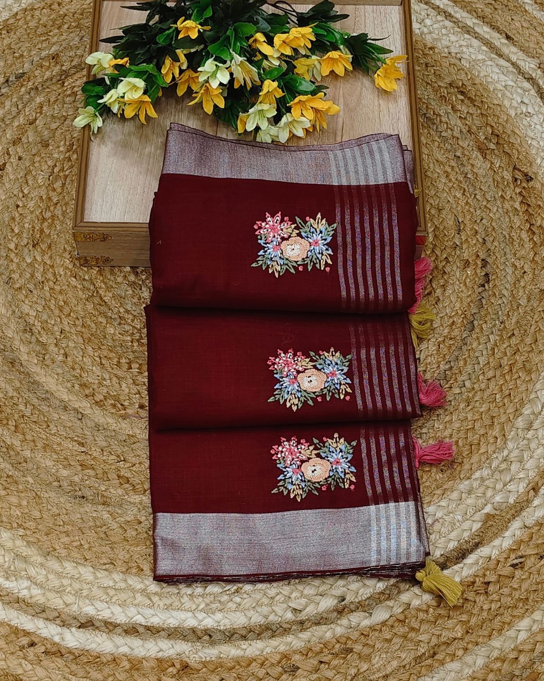 Maroon Colour Jute Cotton Saree