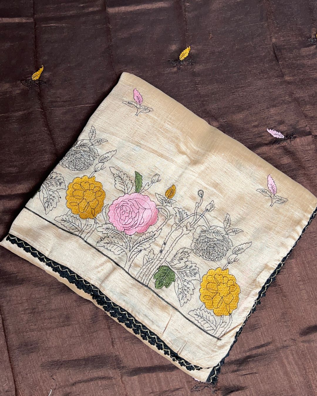 Khaki Colour Floral Embroidered Style Designer Saree