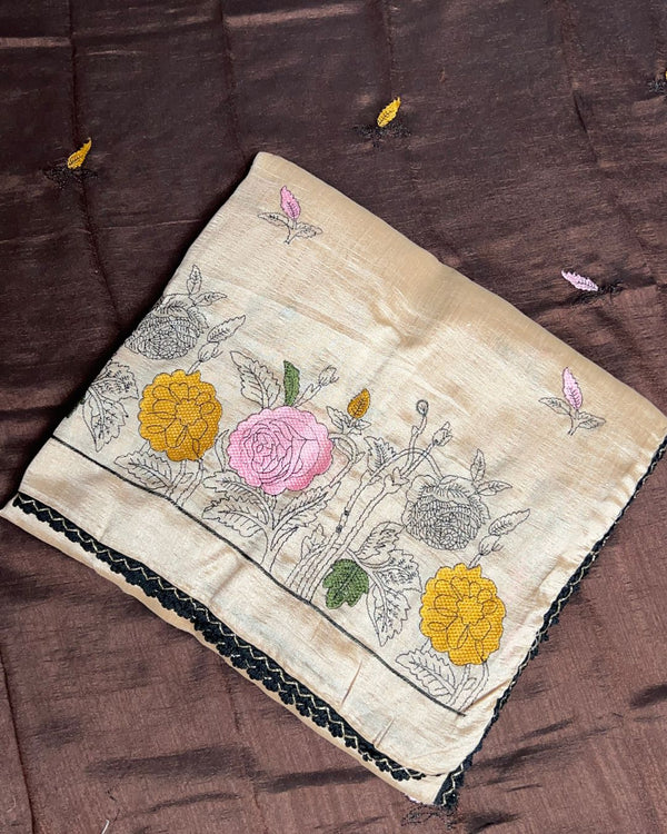 Khaki Colour Floral Embroidered Style Designer Saree