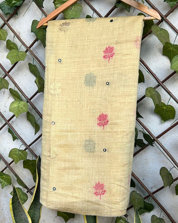 Light Yellow Colour Muga Cotton Saree with Contrast Blouse