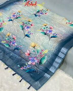 Blue-Grey Colour Cotton Digital Print with Thread Work Saree