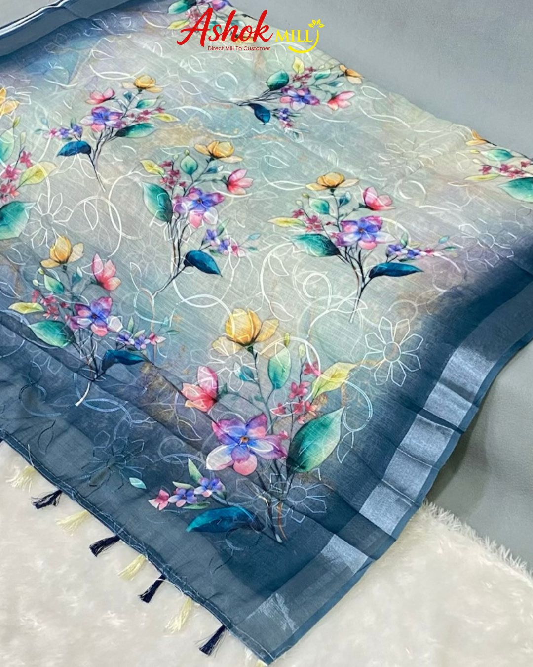 Blue-Grey Colour Cotton Digital Print with Thread Work Saree