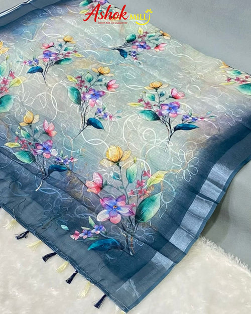 Blue-Grey Colour Cotton Digital Print with Thread Work Saree