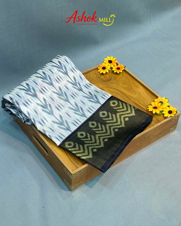 Black Colour Cotton Ikkat Printed Saree