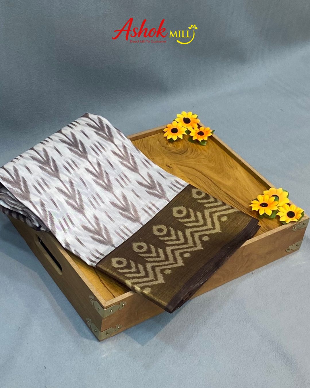 Brown Colour Cotton Ikkat Printed Saree