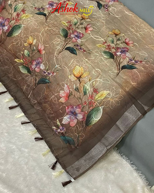 Brown Colour Cotton Digital Print with Thread Work Saree