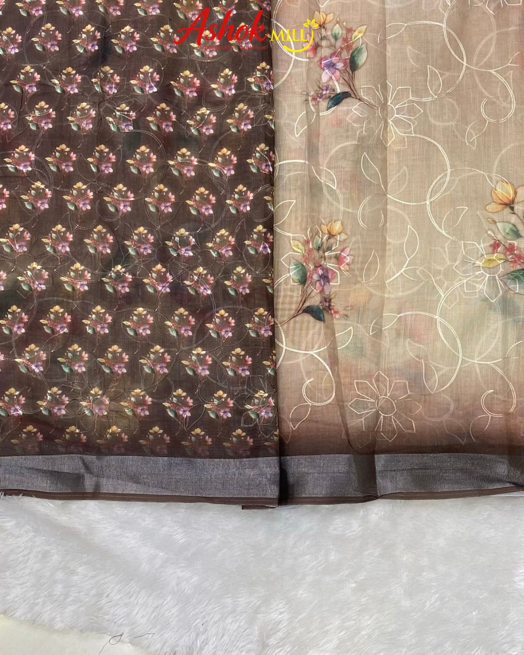 Brown Colour Cotton Digital Print with Thread Work Saree