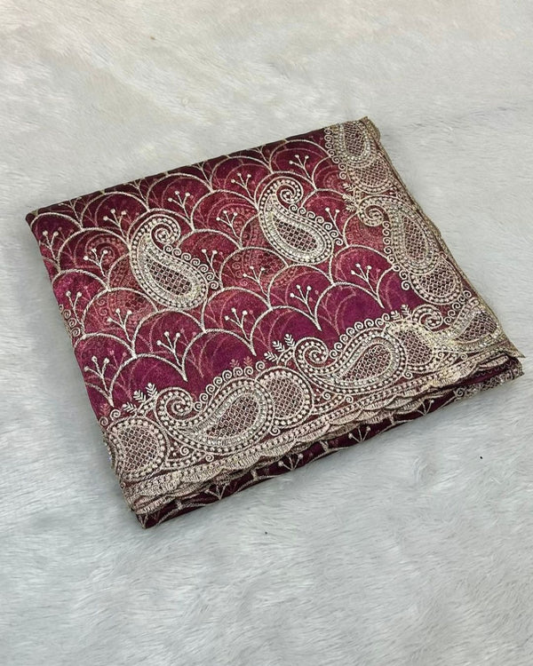 Burgundy Colour Twill Net Stone Work Saree