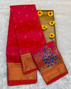 Tomato Red Colour Kalanjali Paithani with Aari Work Blouse