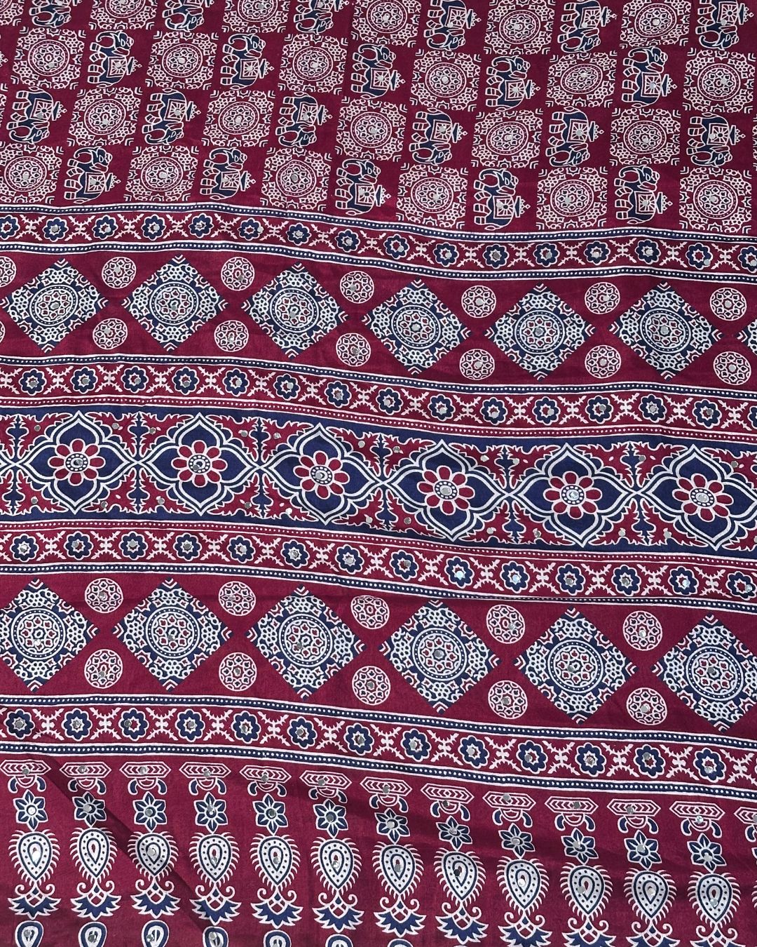 Dark Red Colour Ajrakh Mirror Work Muslin Silk Saree