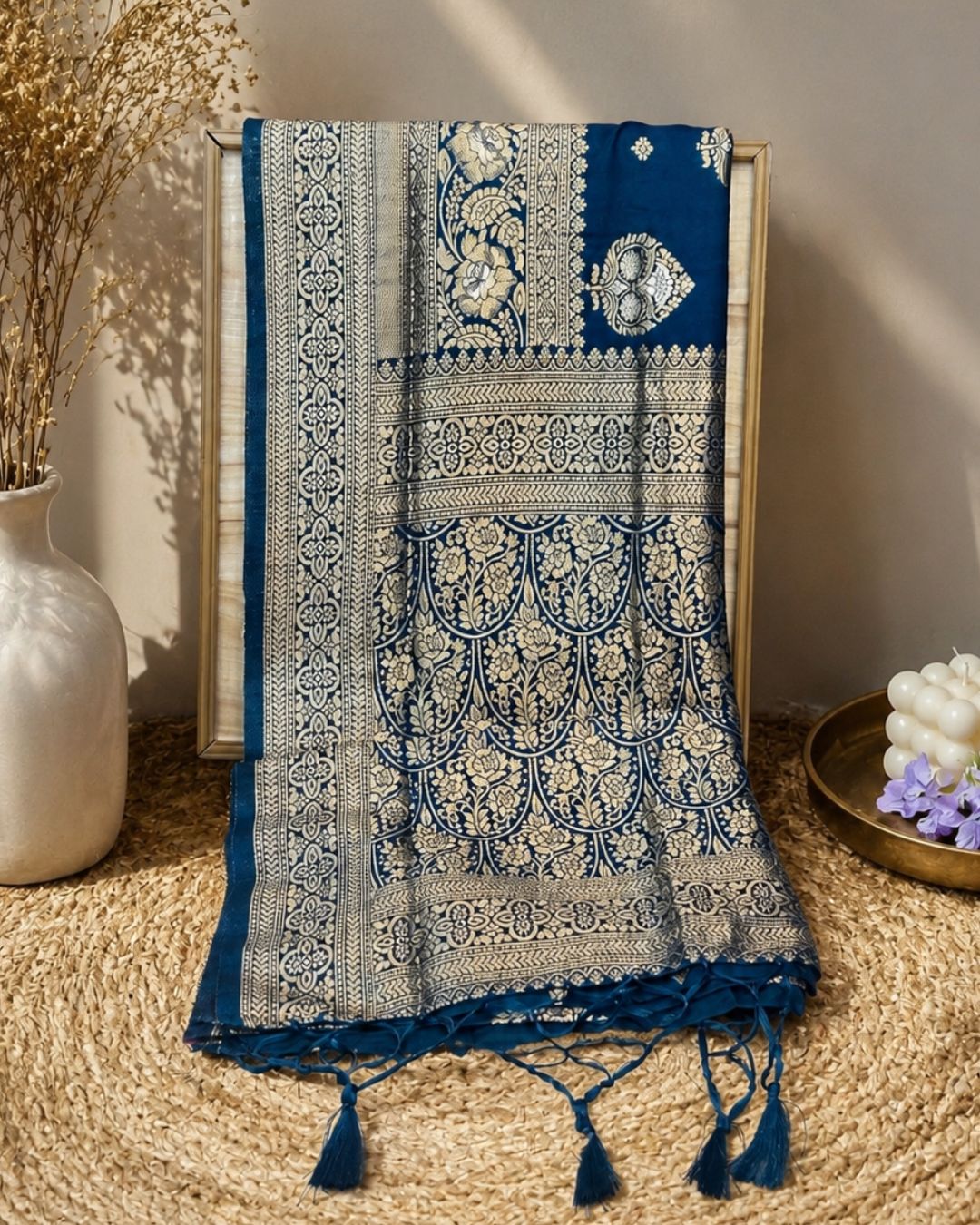 Petrol Blue Colour Dola Silk Saree