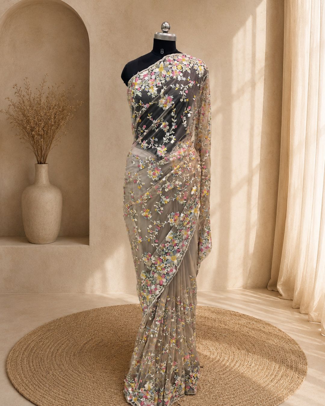 Light Golden Colour Soft Net Thread Work Saree