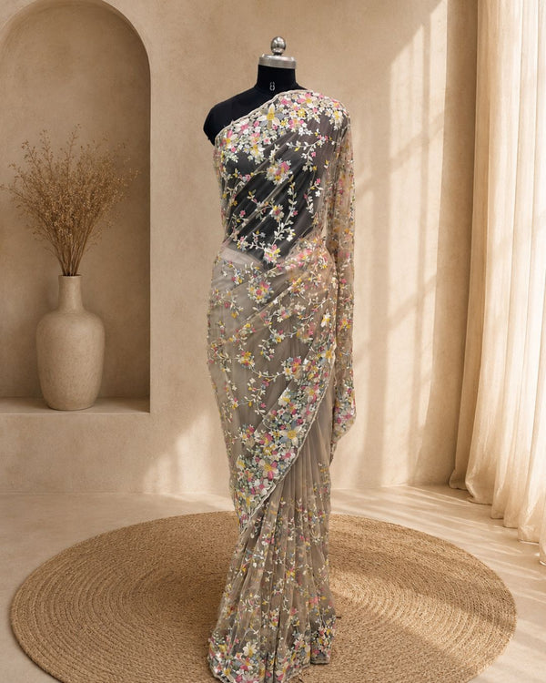 Light Golden Colour Soft Net Thread Work Saree