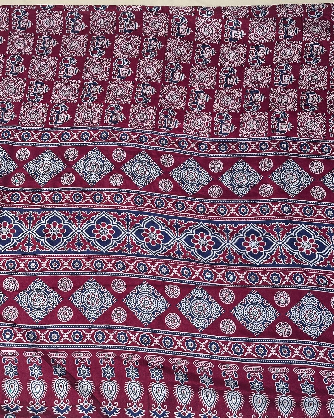 Maroon Colour Ajrakh Mirror Work Muslin Silk Saree
