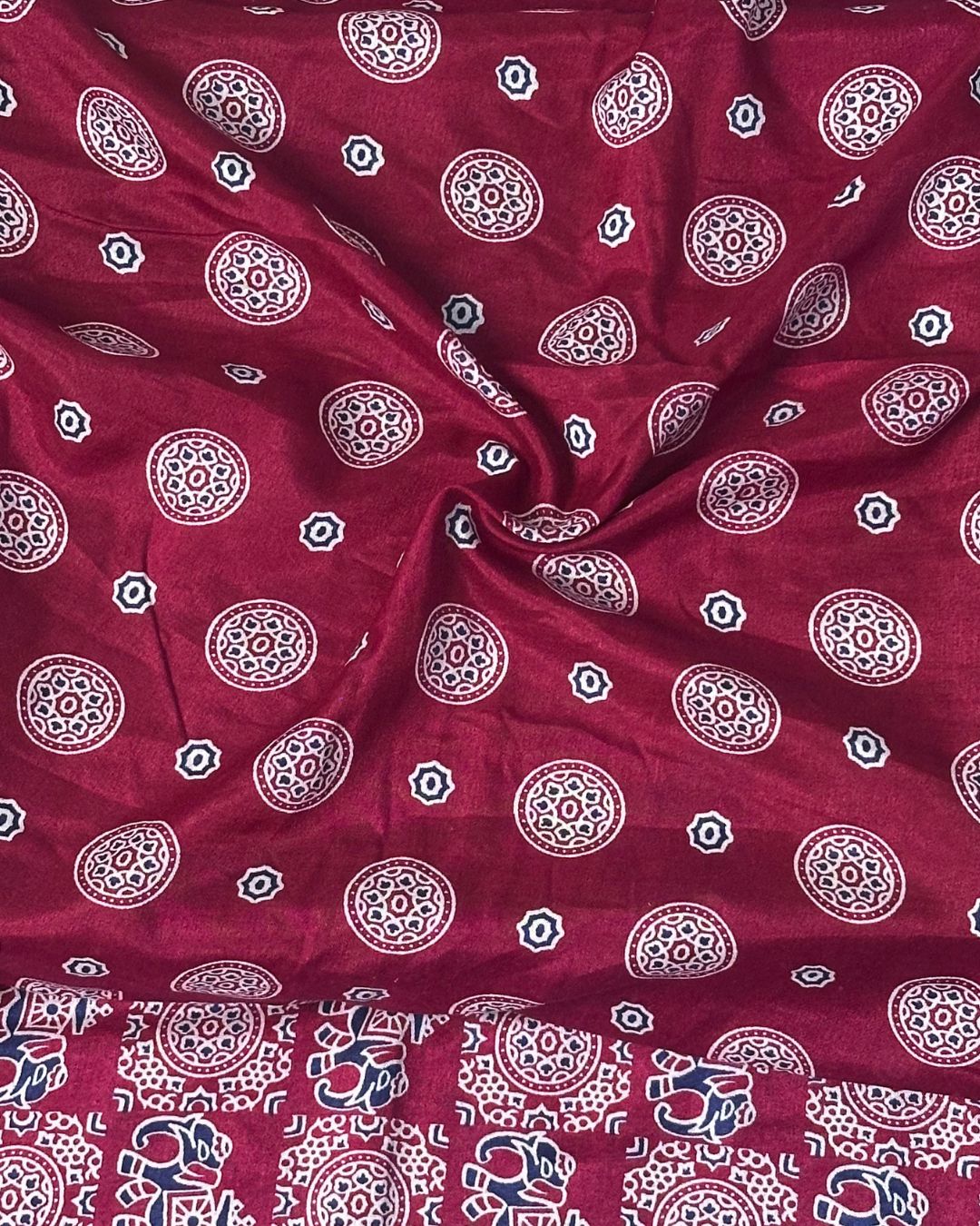 Maroon Colour Ajrakh Mirror Work Muslin Silk Saree