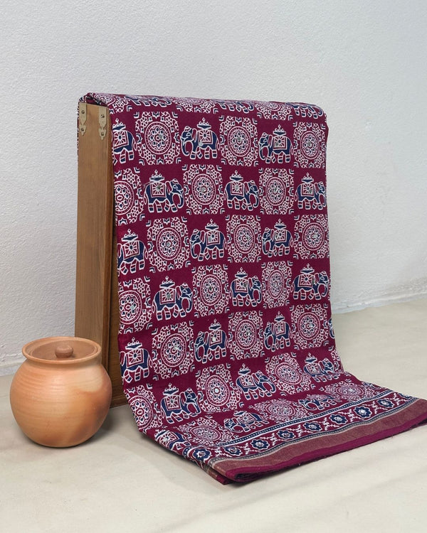 Maroon Colour Ajrakh Mirror Work Muslin Silk Saree