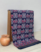 Navy Blue Colour Ajrakh Mirror Work Muslin Silk Saree