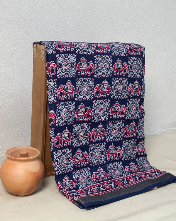 Navy Blue Colour Ajrakh Mirror Work Muslin Silk Saree