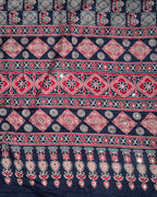 Navy Blue Colour Ajrakh Mirror Work Muslin Silk Saree