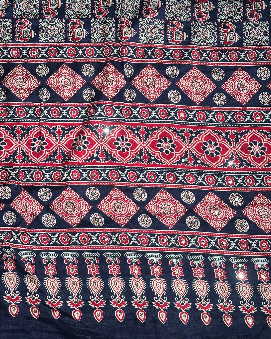 Navy Blue Colour Ajrakh Mirror Work Muslin Silk Saree