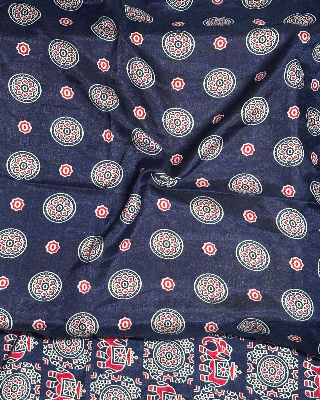 Navy Blue Colour Ajrakh Mirror Work Muslin Silk Saree