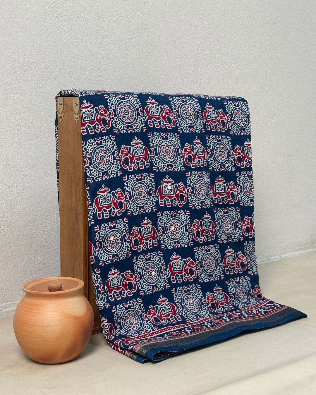 Petrol Blue Colour Ajrakh Mirror Work Muslin Silk Saree