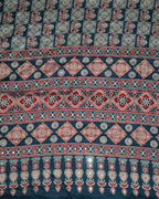 Petrol Blue Colour Ajrakh Mirror Work Muslin Silk Saree