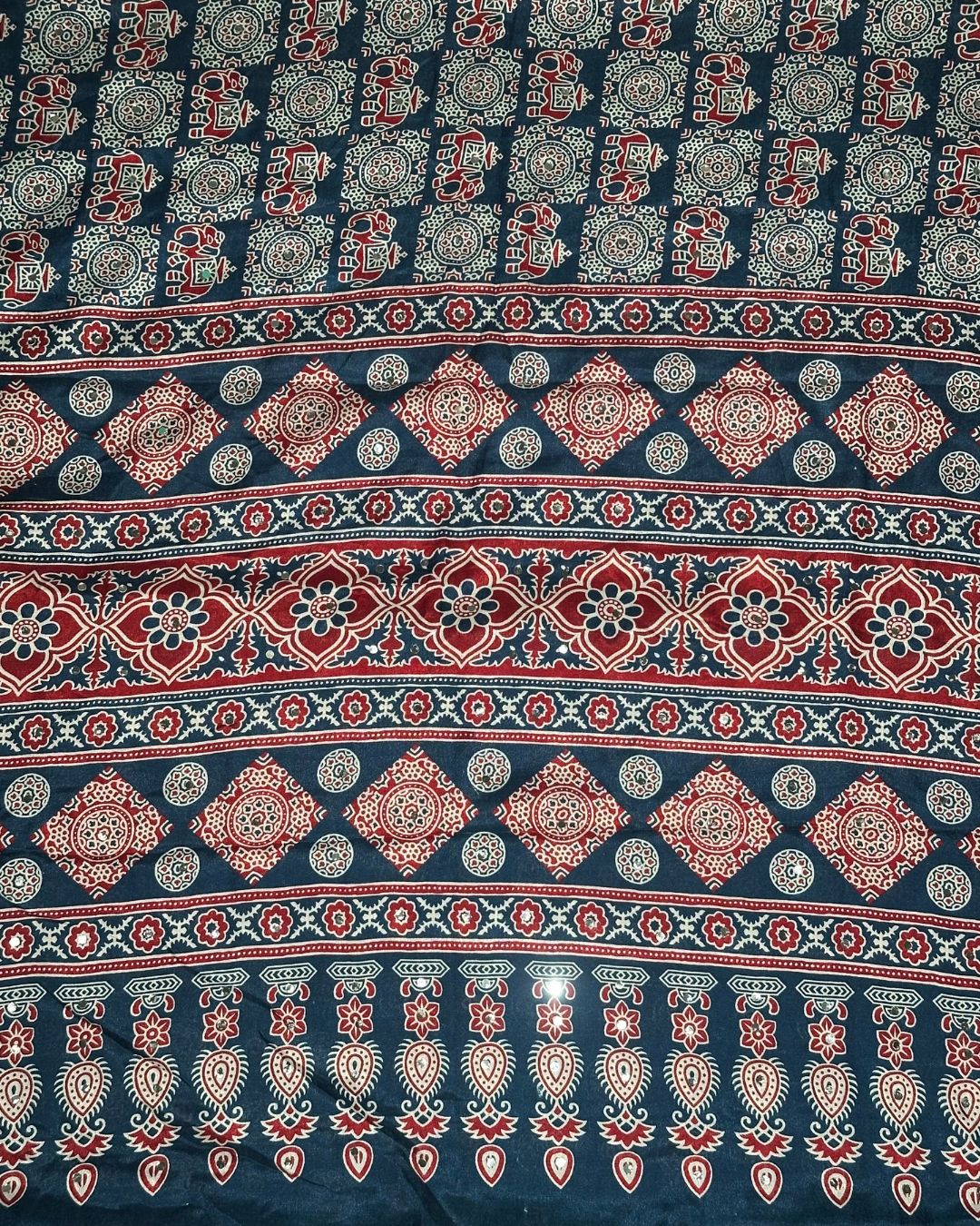 Petrol Blue Colour Ajrakh Mirror Work Muslin Silk Saree