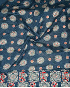 Petrol Blue Colour Ajrakh Mirror Work Muslin Silk Saree