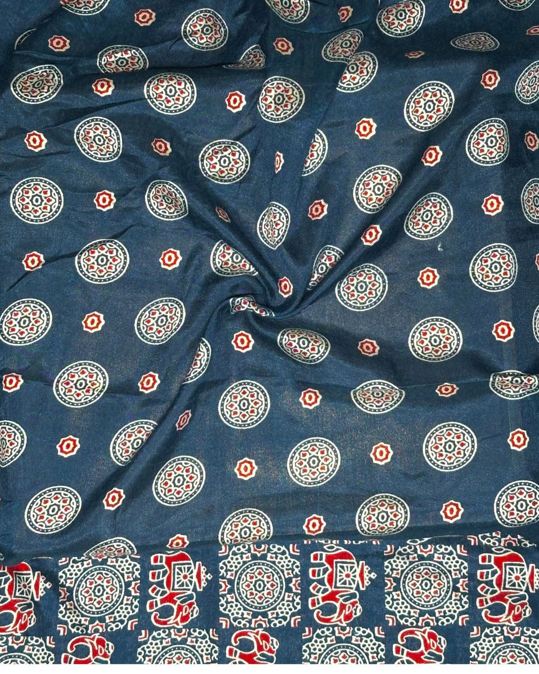Petrol Blue Colour Ajrakh Mirror Work Muslin Silk Saree