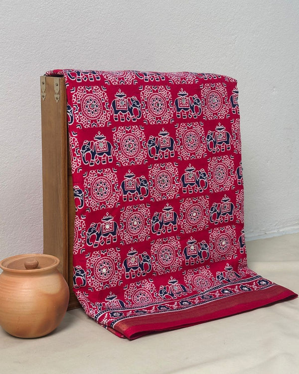 Pink Colour Ajrakh Mirror Work Muslin Silk Saree