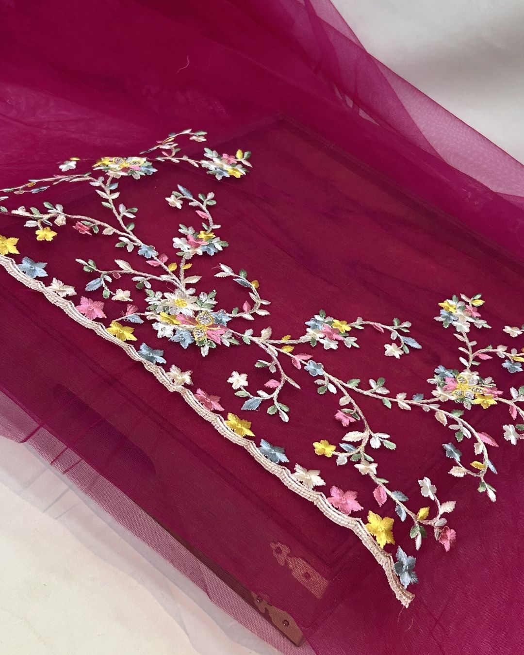 Rani Pink Colour Soft Net Thread Work Saree