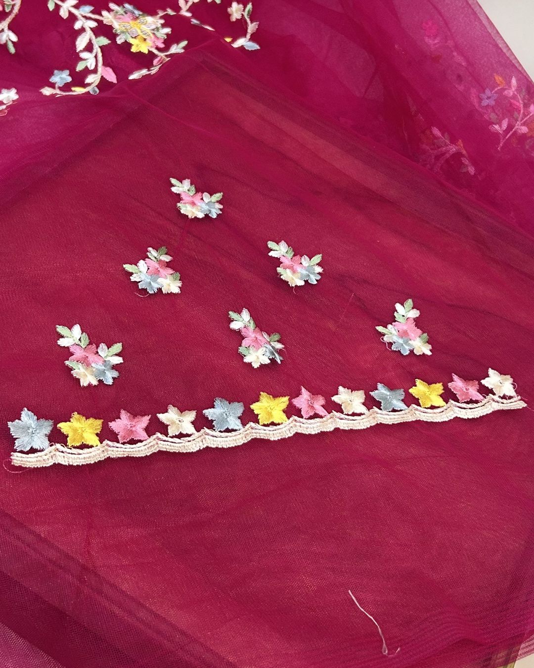 Rani Pink Colour Soft Net Thread Work Saree