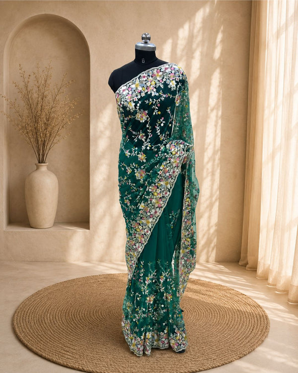 Turquoise Green Colour Soft Net Thread Work Saree
