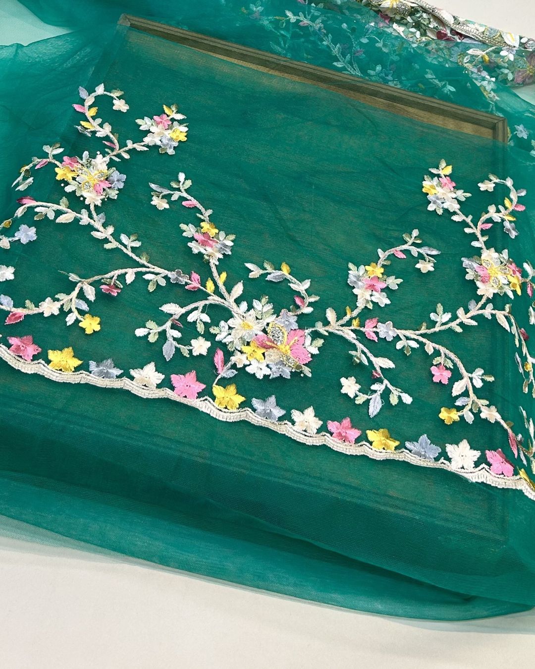 Turquoise Green Colour Soft Net Thread Work Saree