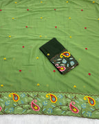 Olive Green Colour Shimmer Georgette Thread Work Saree