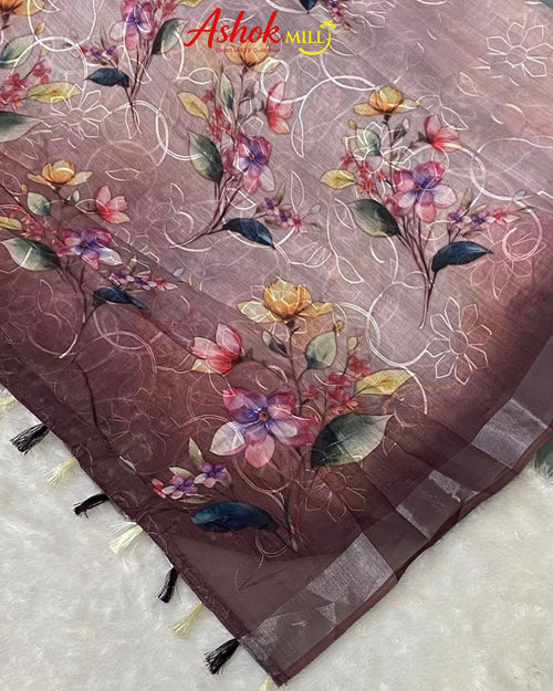 Coffee Colour Cotton Digital Print with Thread Work Saree