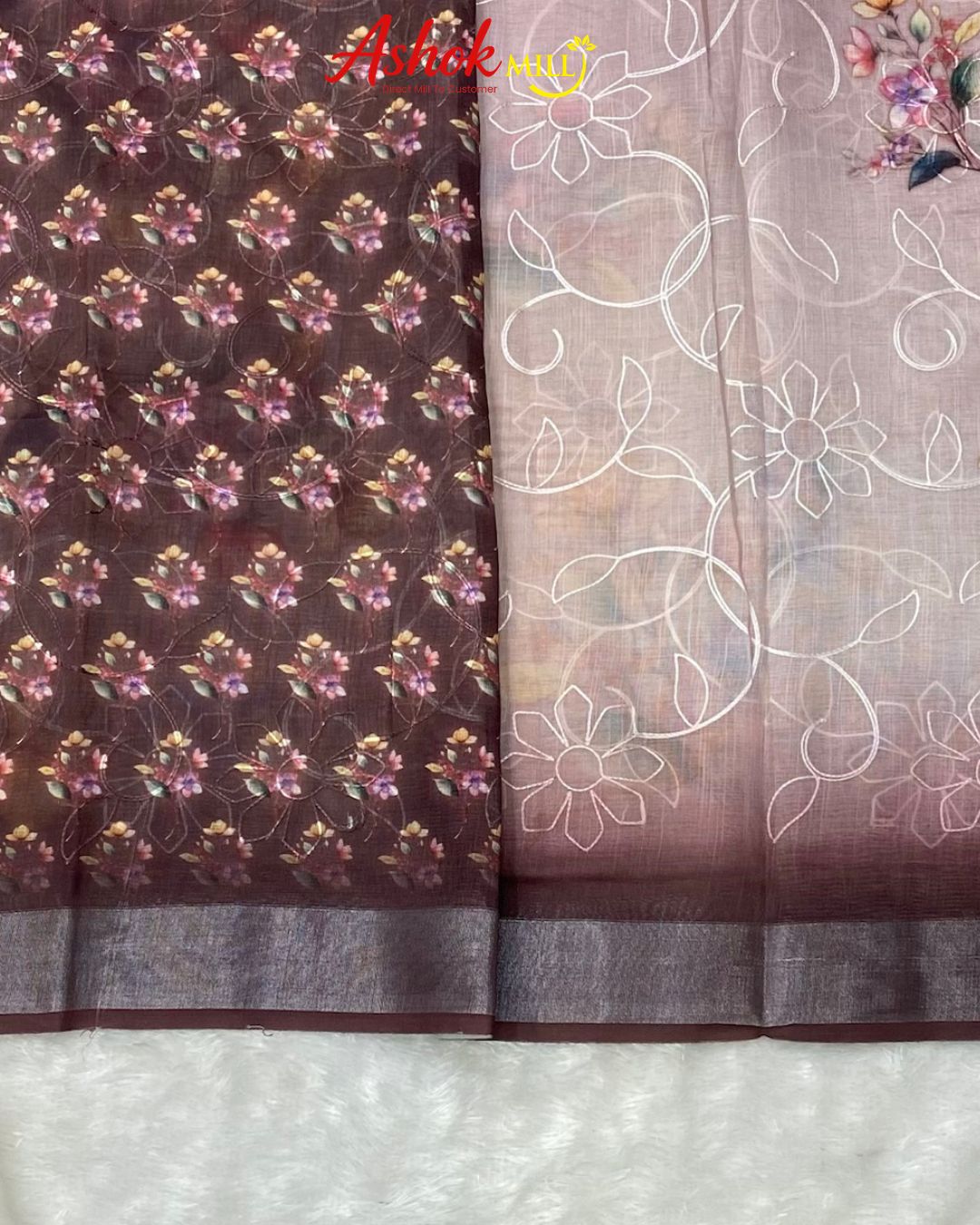 Coffee Colour Cotton Digital Print with Thread Work Saree