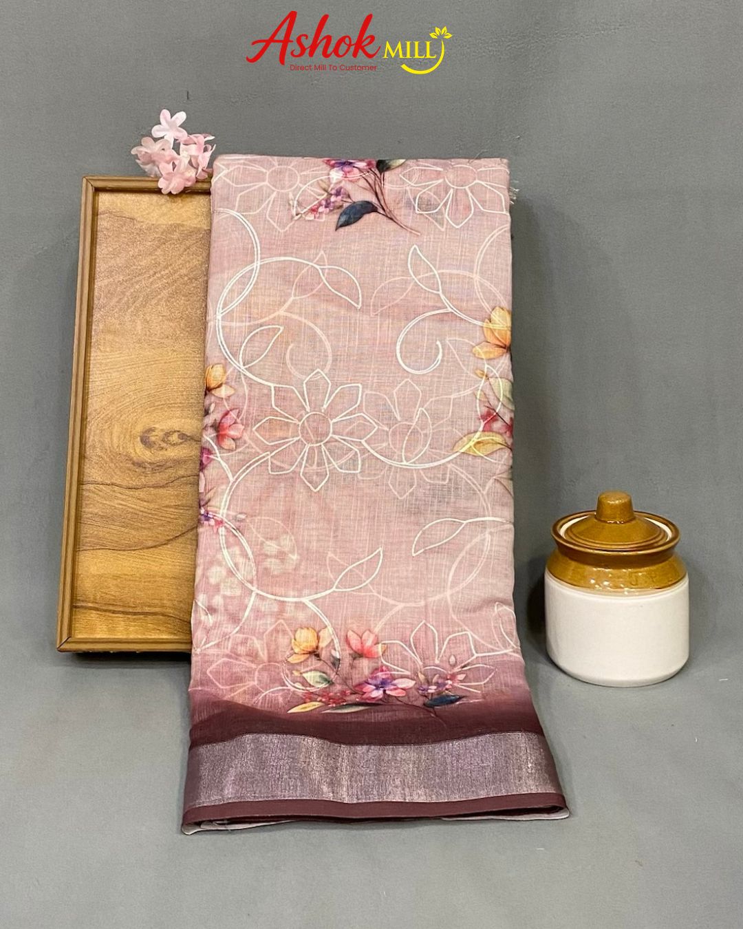 Coffee Colour Cotton Digital Print with Thread Work Saree