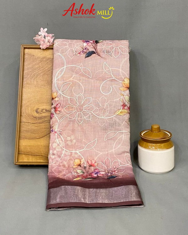 Coffee Colour Cotton Digital Print with Thread Work Saree
