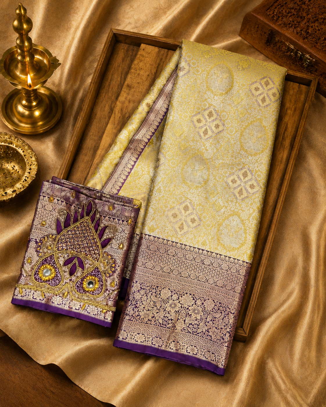 Olive Yellow Colour Kanjivaram Silk Saree