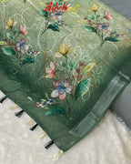 Green Colour Cotton Digital Print with Thread Work Saree