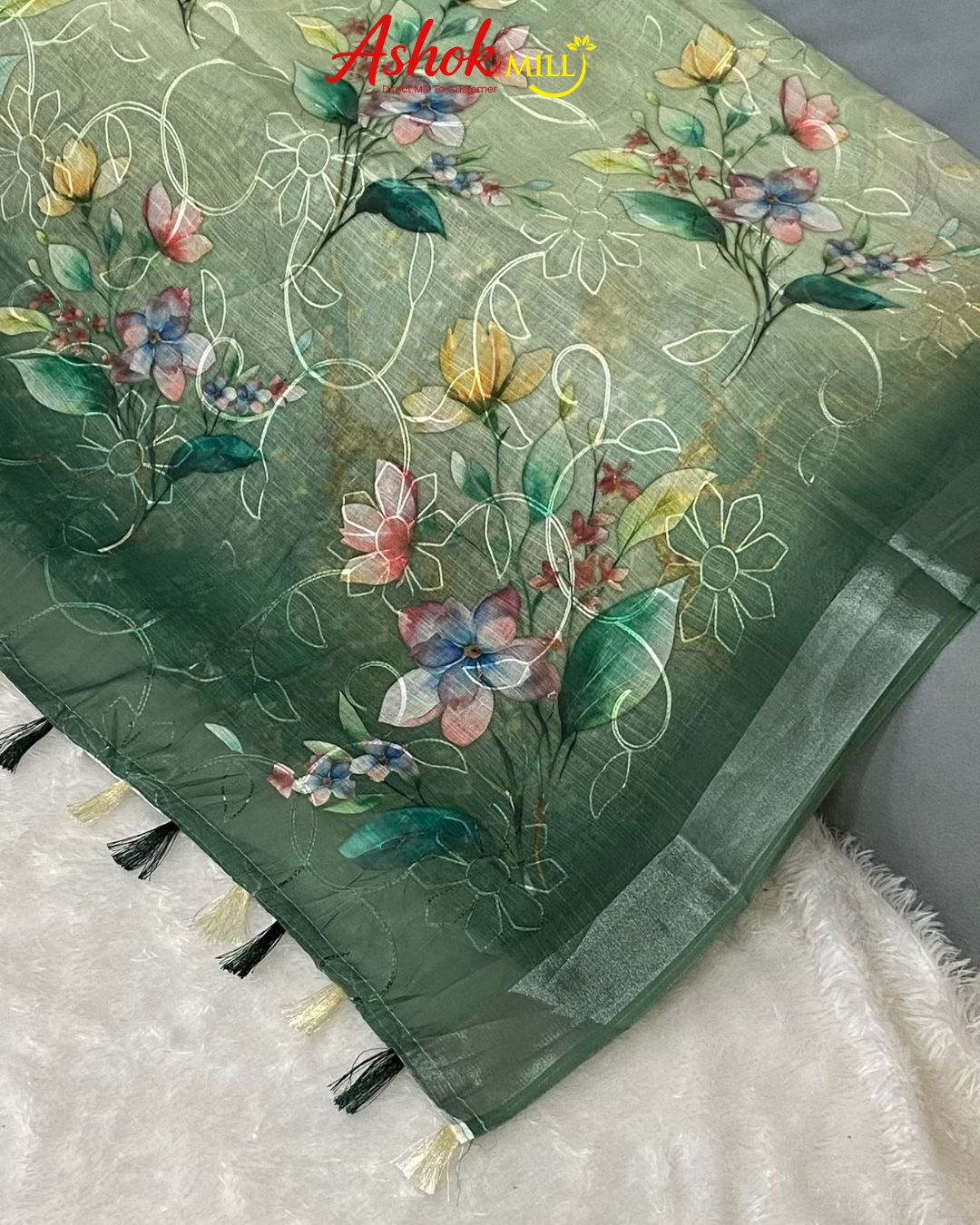 Green Colour Cotton Digital Print with Thread Work Saree
