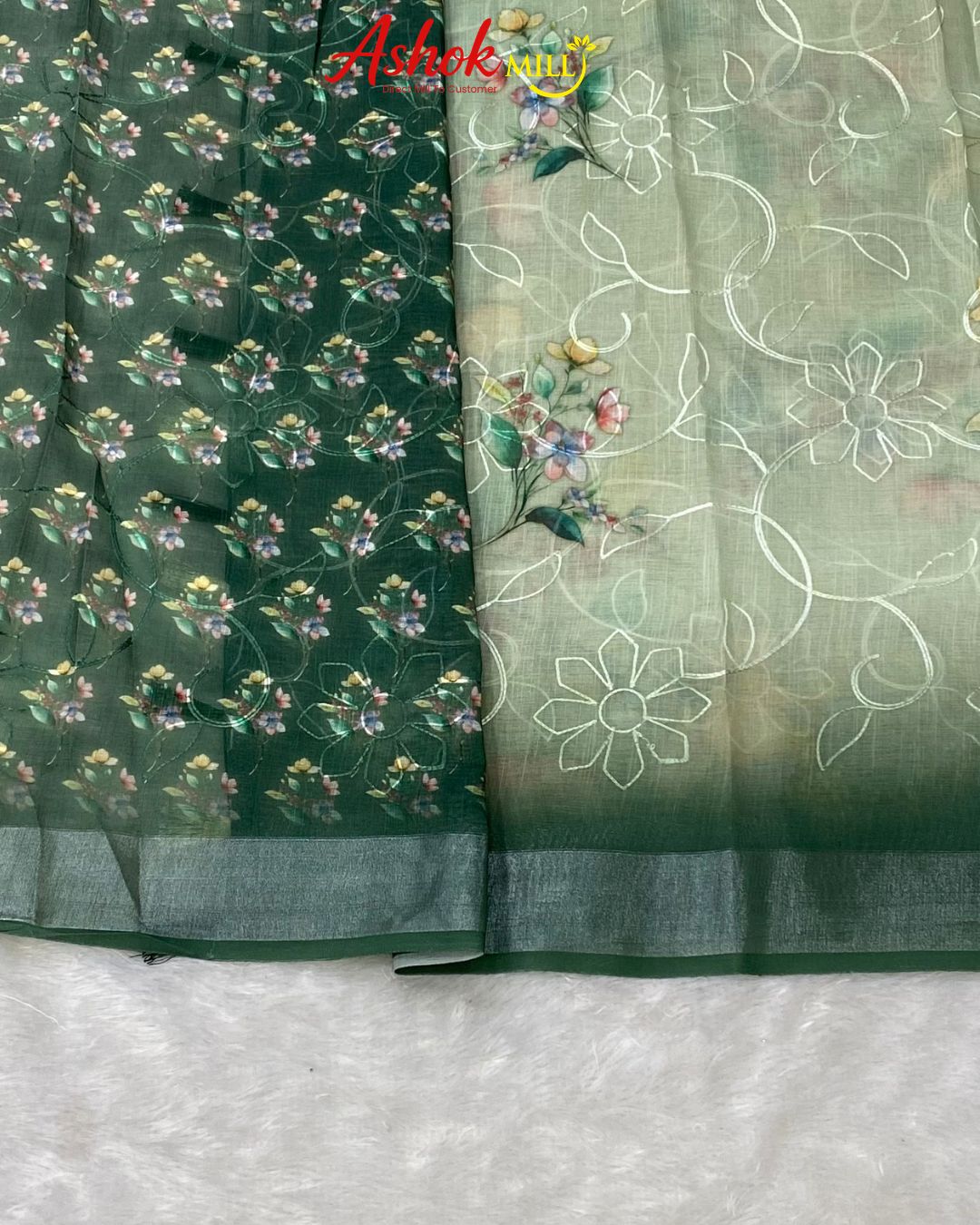 Green Colour Cotton Digital Print with Thread Work Saree