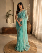 Sea Green Colour Soft Net Heavy Work Saree