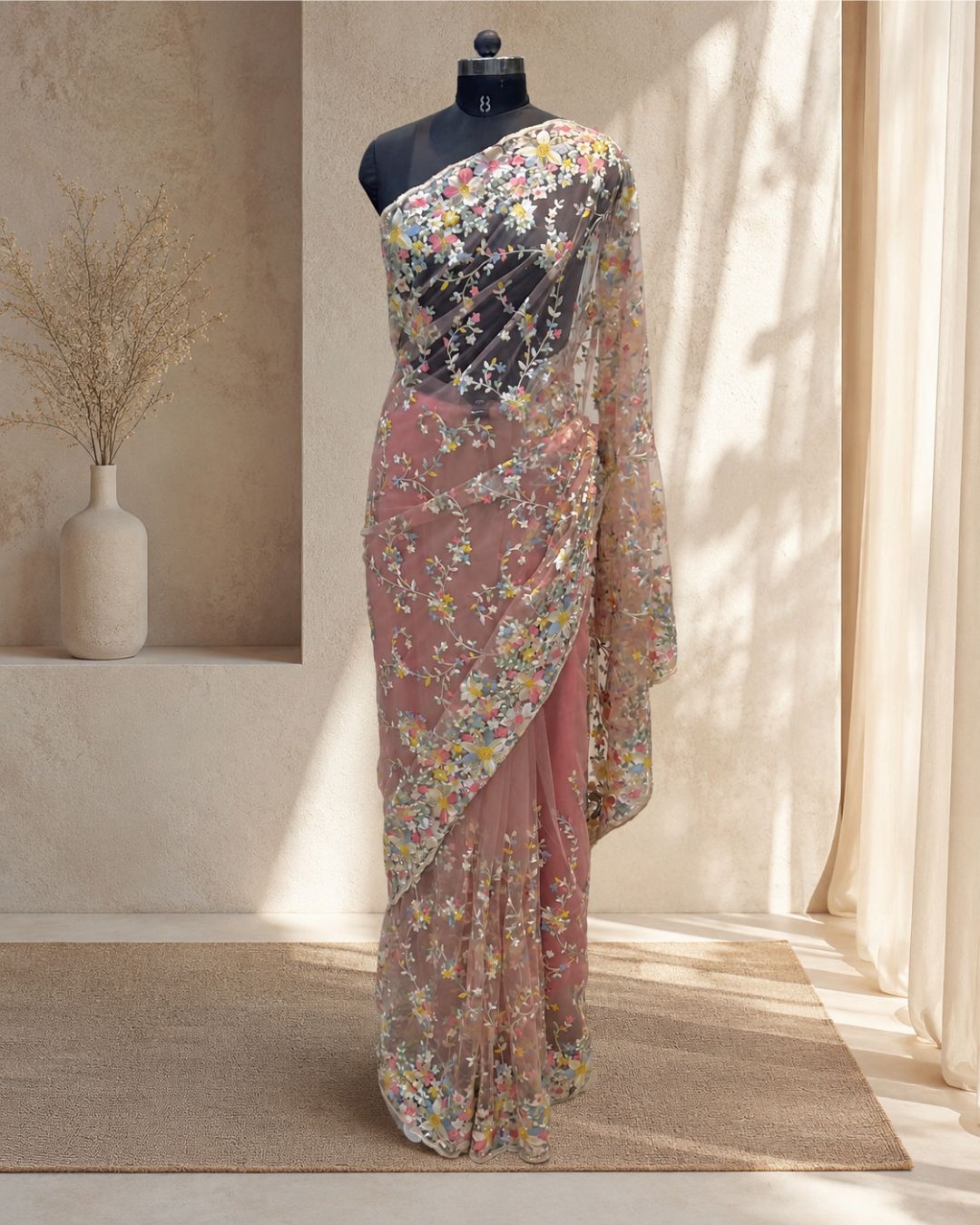 Peach Colour Soft Net Thread Work Saree