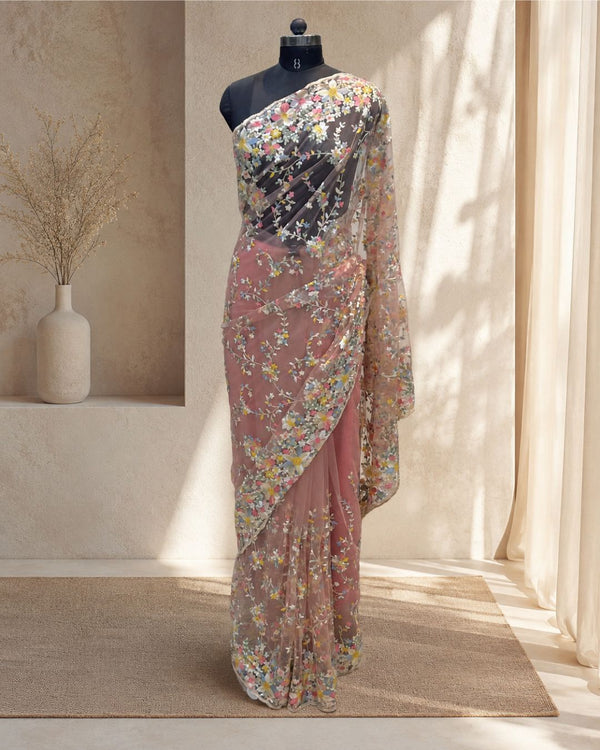 Peach Colour Soft Net Thread Work Saree