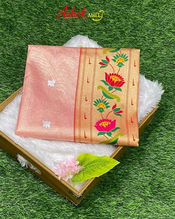 Peach Pink Colour Soft Tissue Paithani Saree