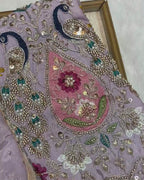 Lilac Colour Chinnon Silk Saree With Heavy work Blouse Piece