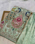 Pista Green Colour Chinnon Silk Saree With Heavy work Blouse Piece